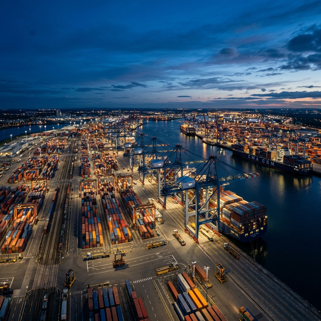 Modern port infrastructure at dusk